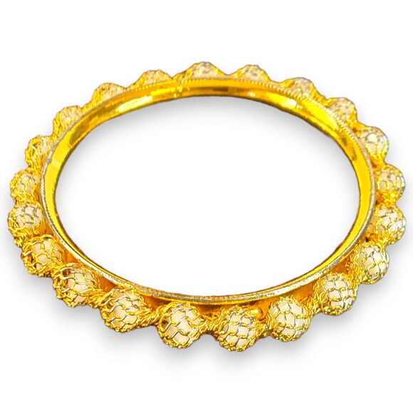 Gold Tone Blingy Bangle Bracelet w/ White Beads Basket Weave Indian Style 2" Dia - Picture 1 of 11